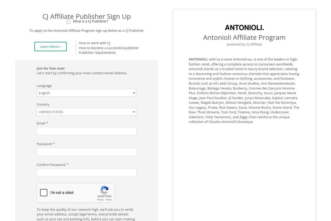 Antonioli affiliate program signup page