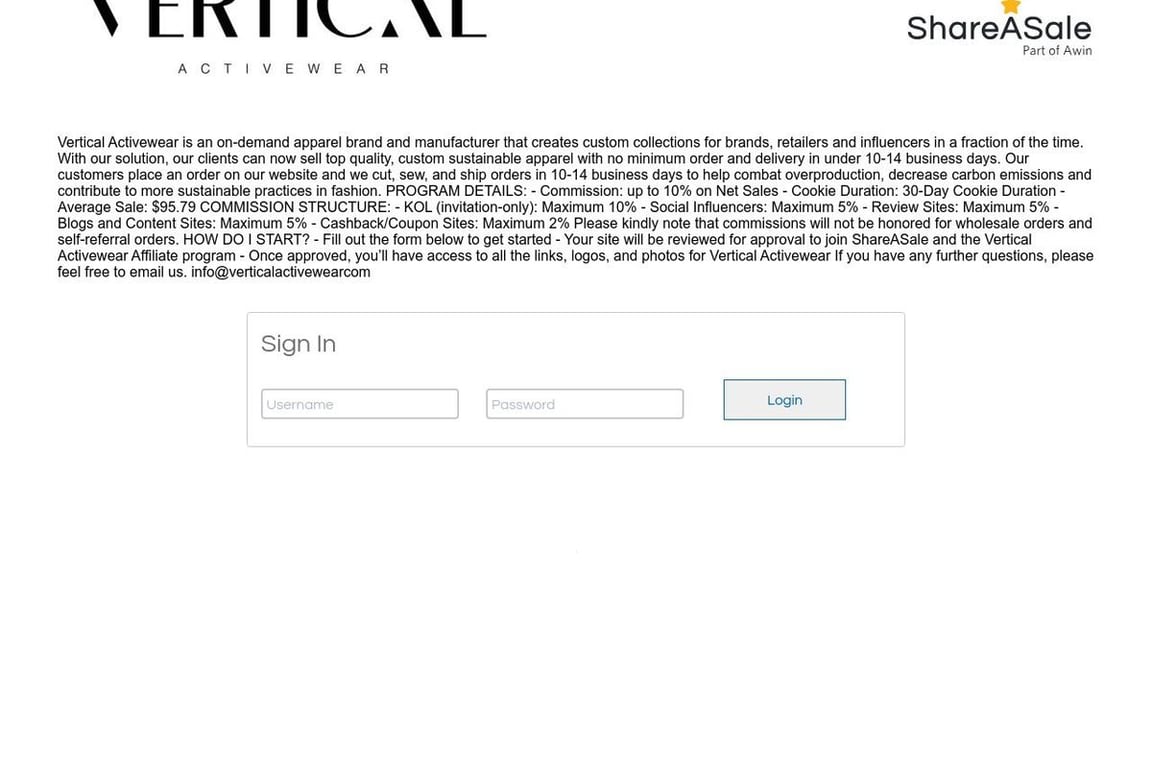 Vertical Activewear affiliate program signup page