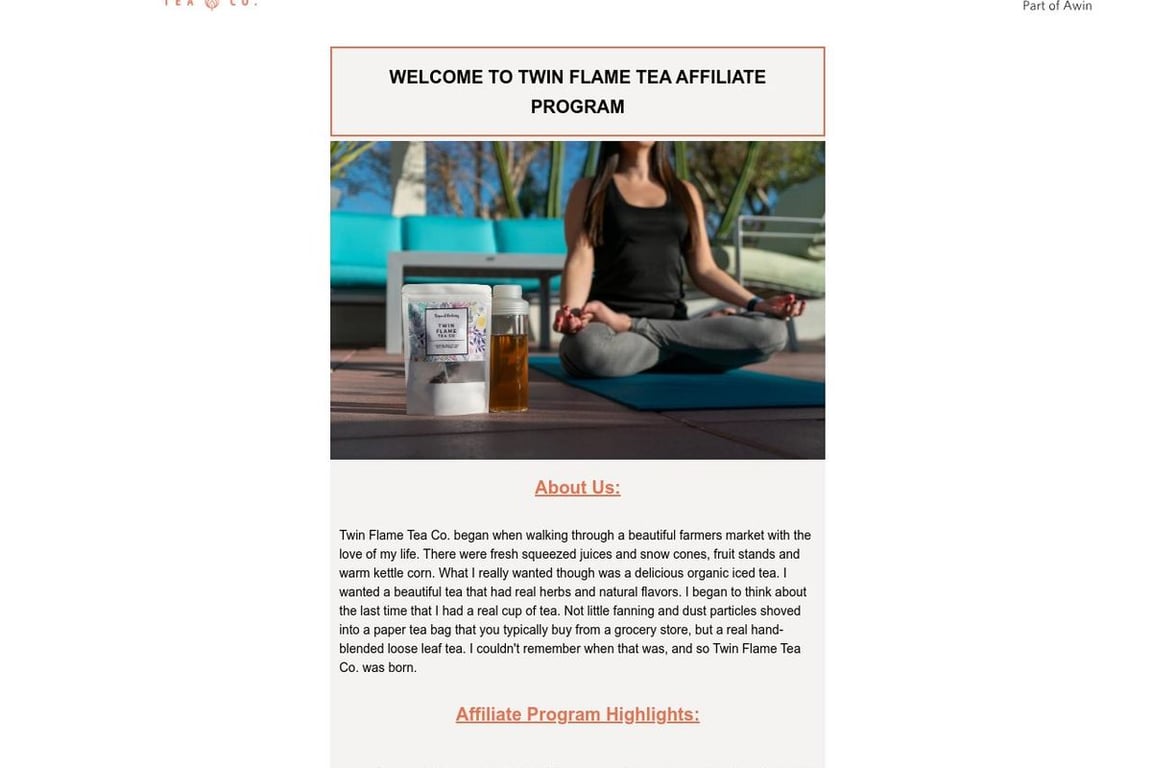 Twin Flame Tea Co. affiliate program signup page