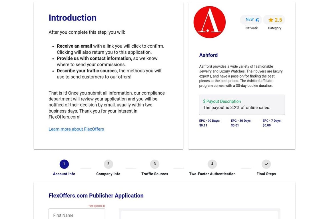 Ashford affiliate program signup page
