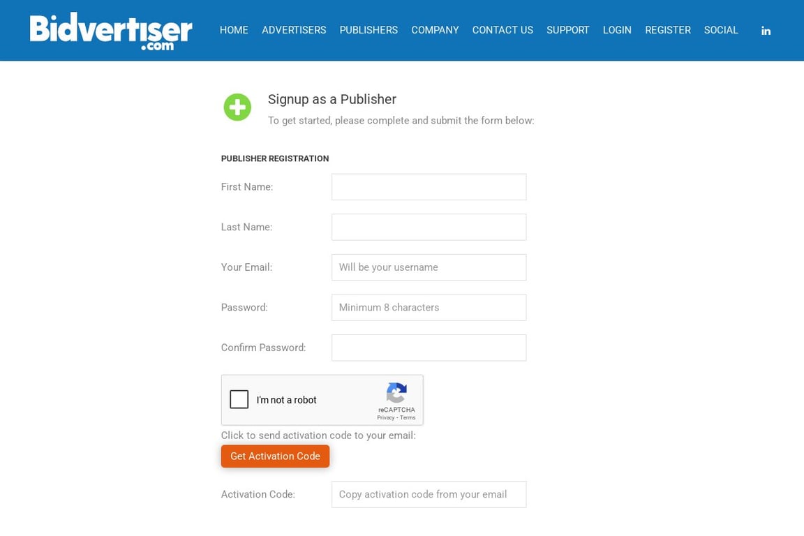 Bidvertiser affiliate program signup page