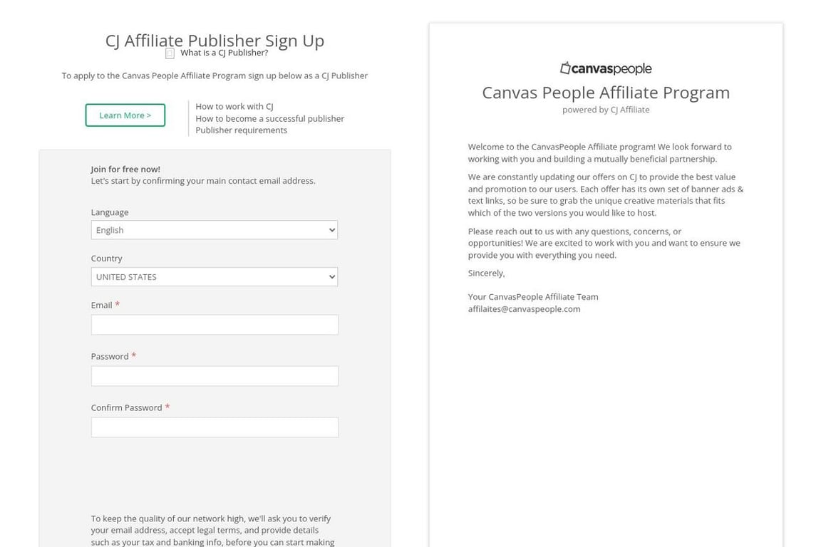 Canvas People affiliate program signup page