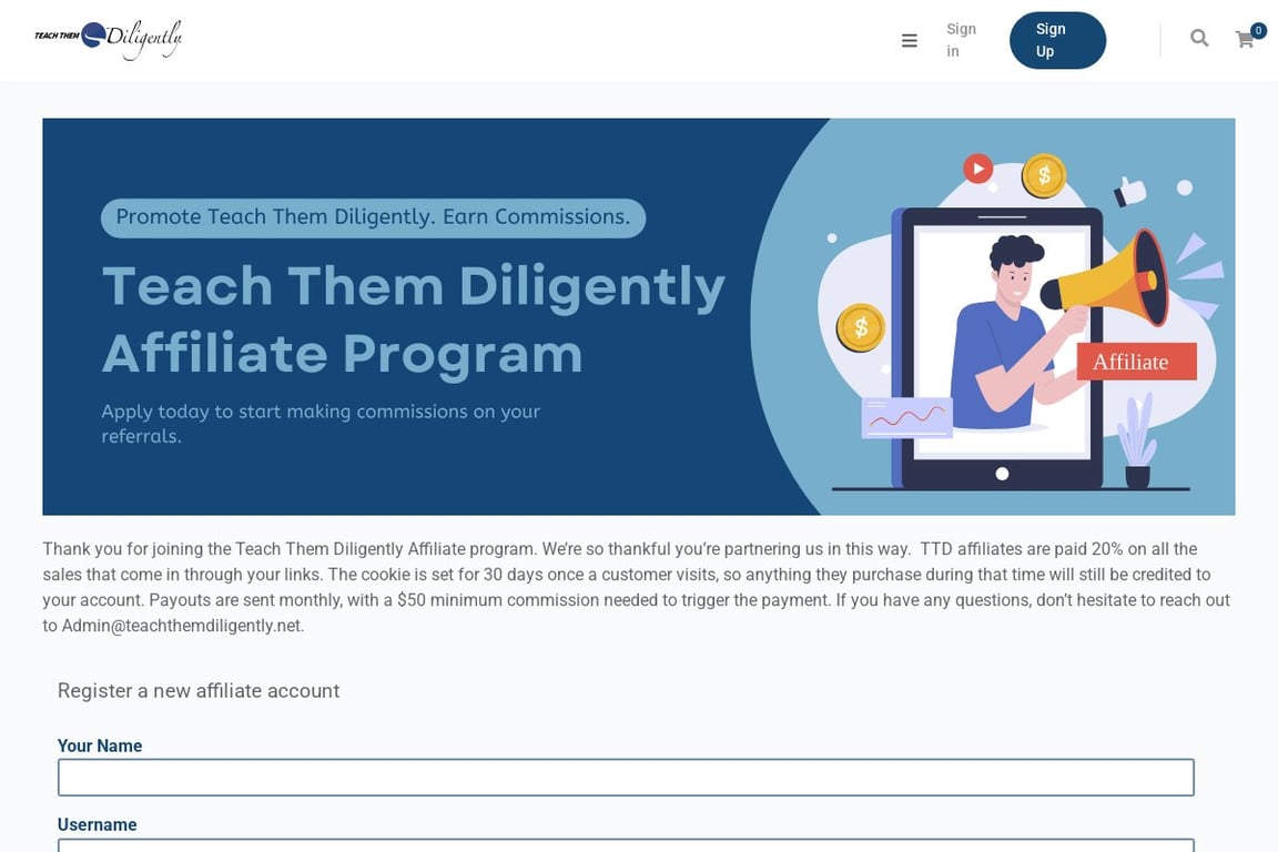 Teach Them Diligently affiliate program signup page
