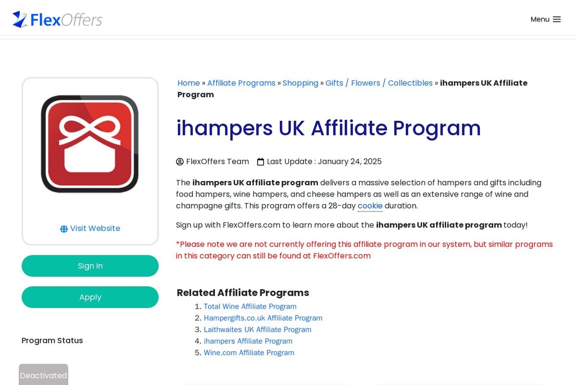 Ihampers UK affiliate program signup page
