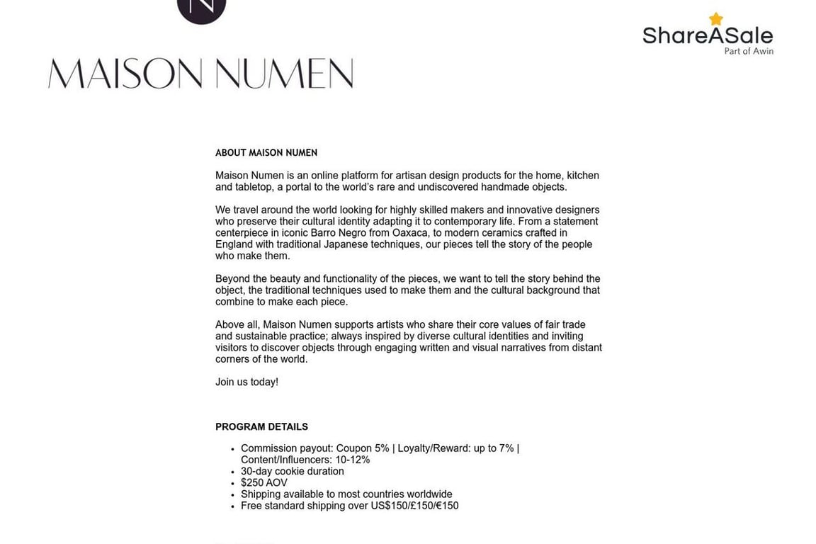 Maison Numen affiliate program signup page