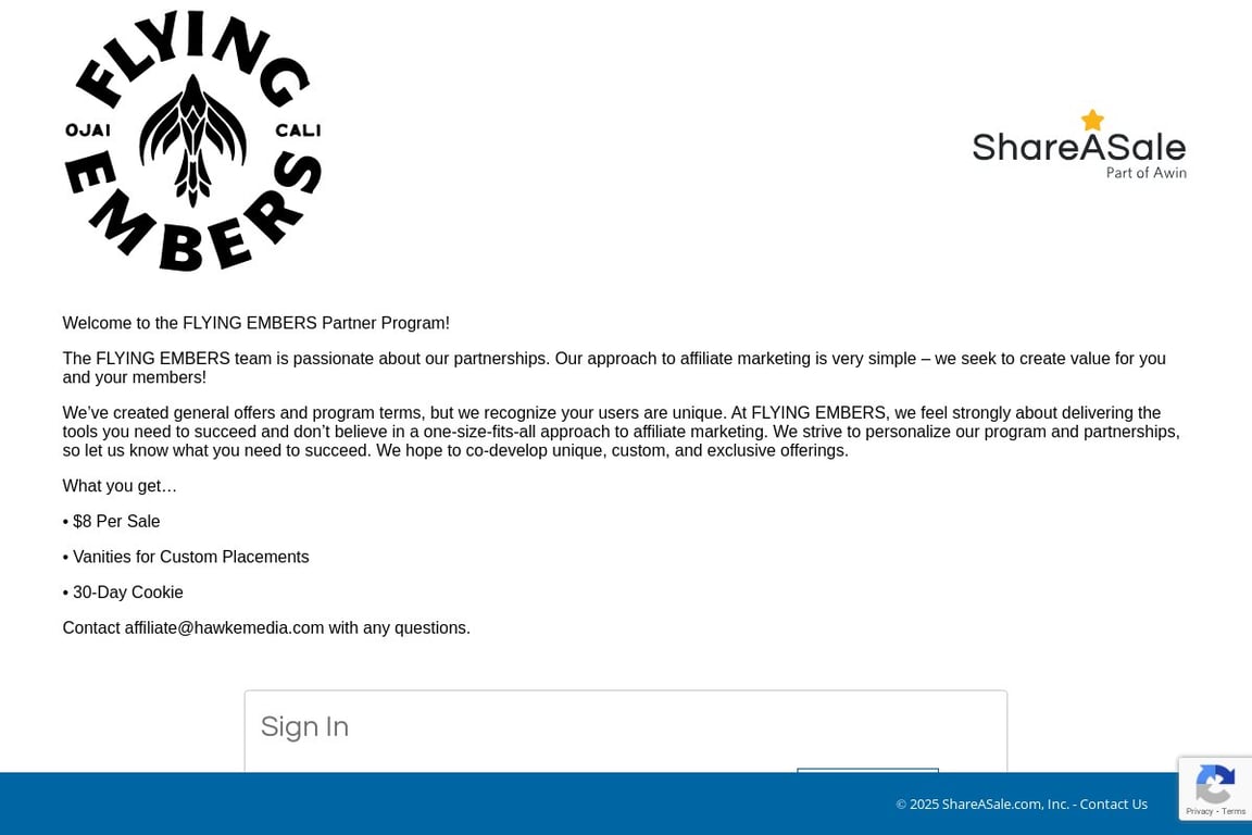 Flying Embers affiliate program signup page