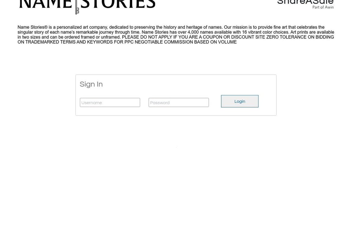 Name Stories affiliate program signup page