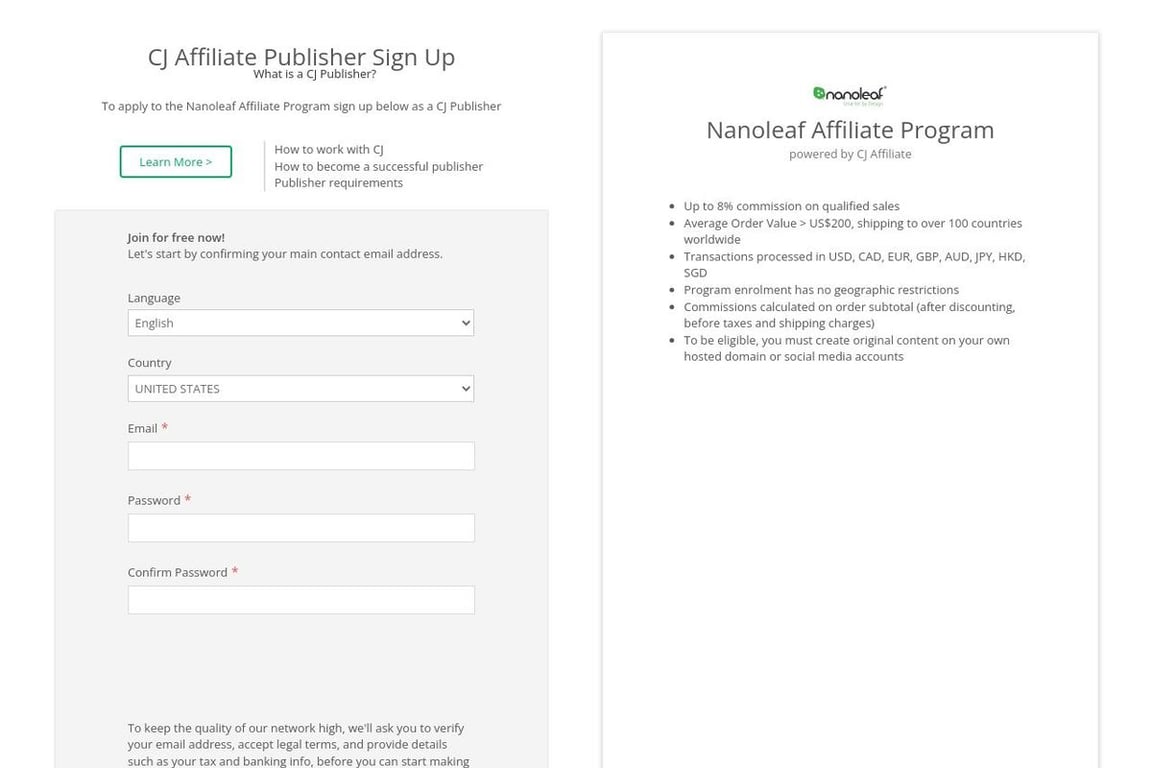 Nanoleaf affiliate program signup page