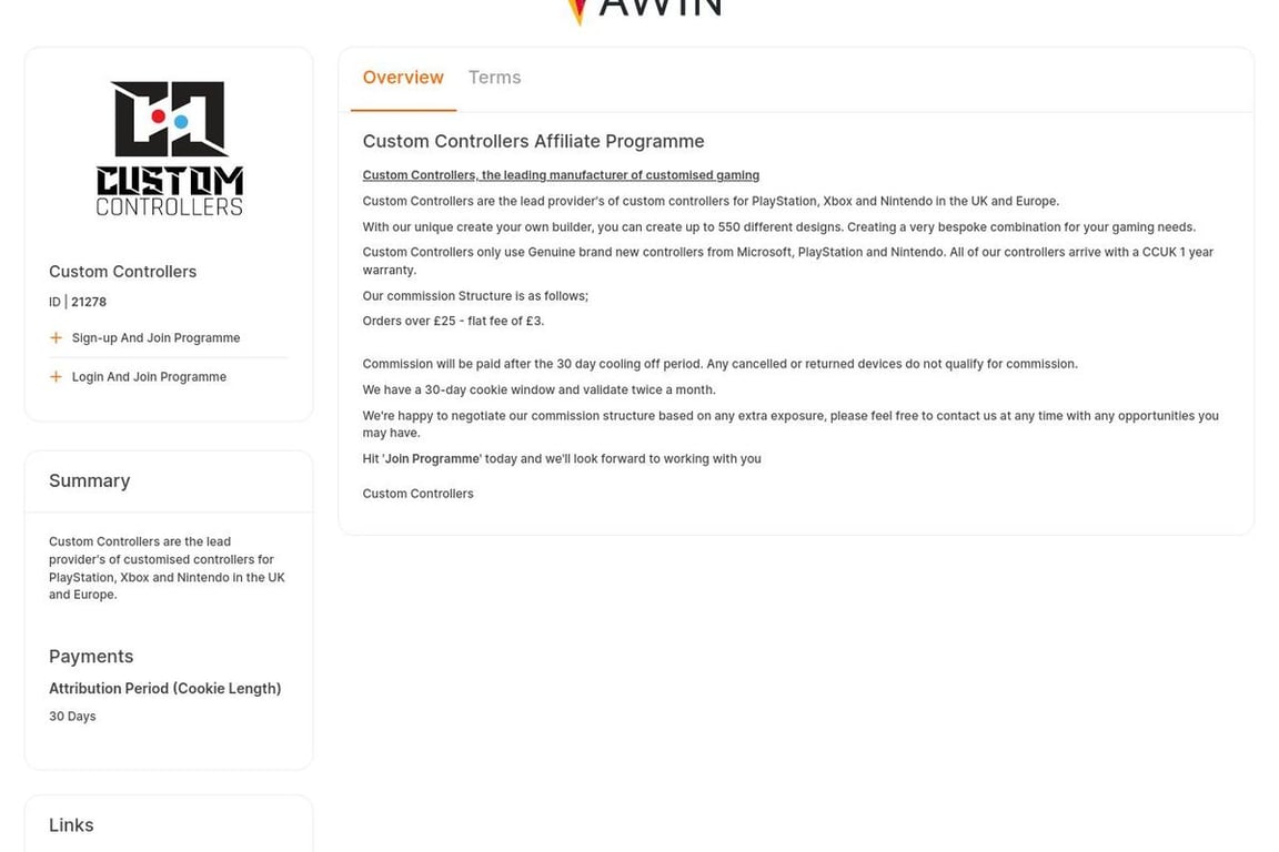 Custom Controllers affiliate program signup page