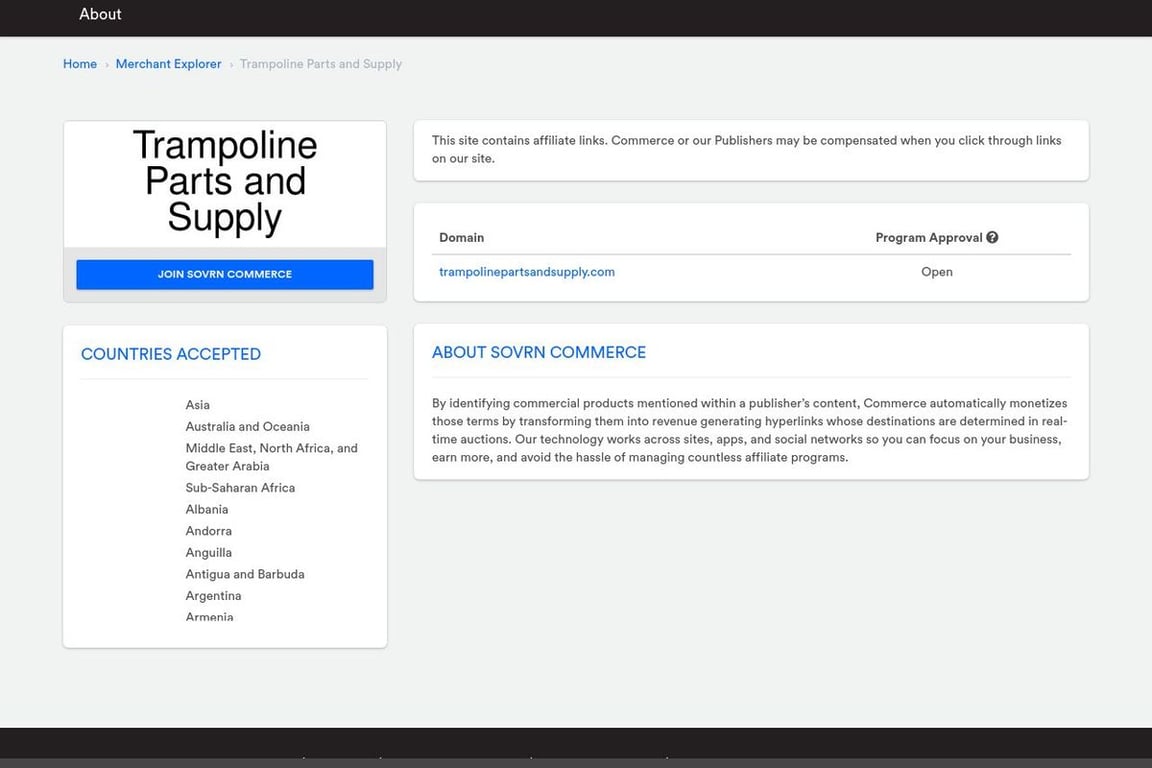 Trampoline Parts And Supply affiliate program signup page