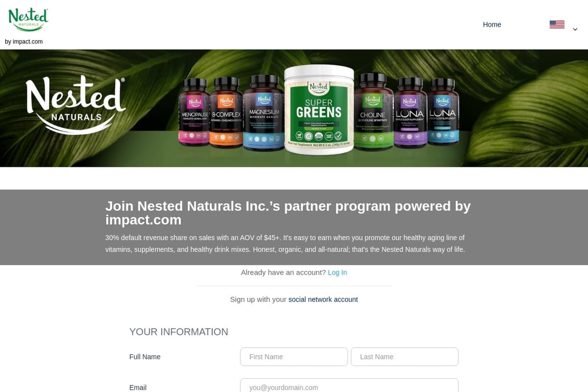 Nested Naturals affiliate program signup page