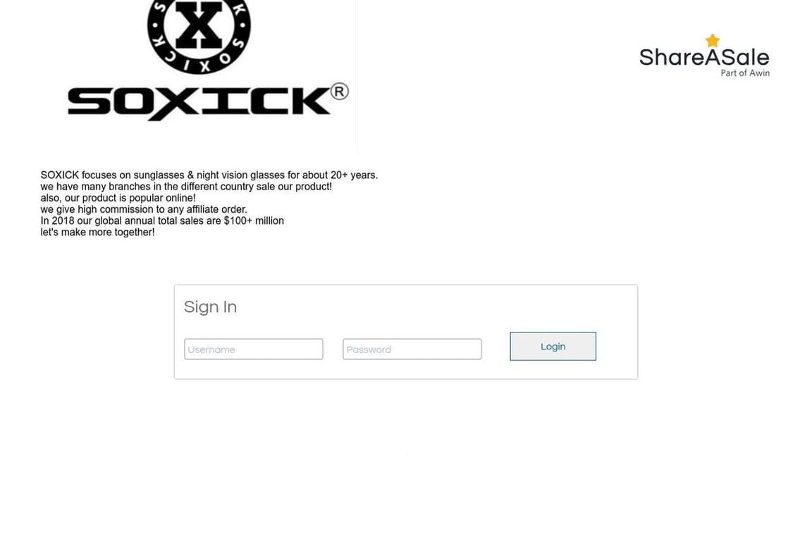 SOXICK Sunglasses affiliate program signup page