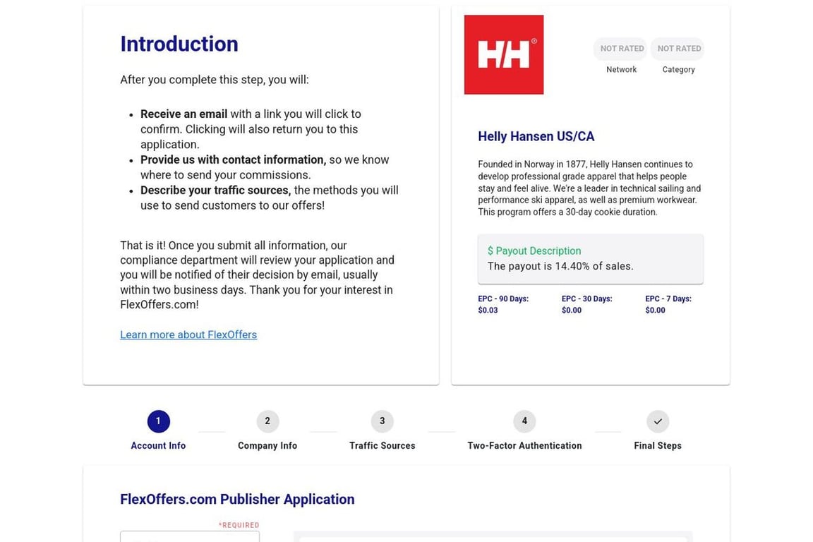 Helly Hansen US/CA affiliate program signup page