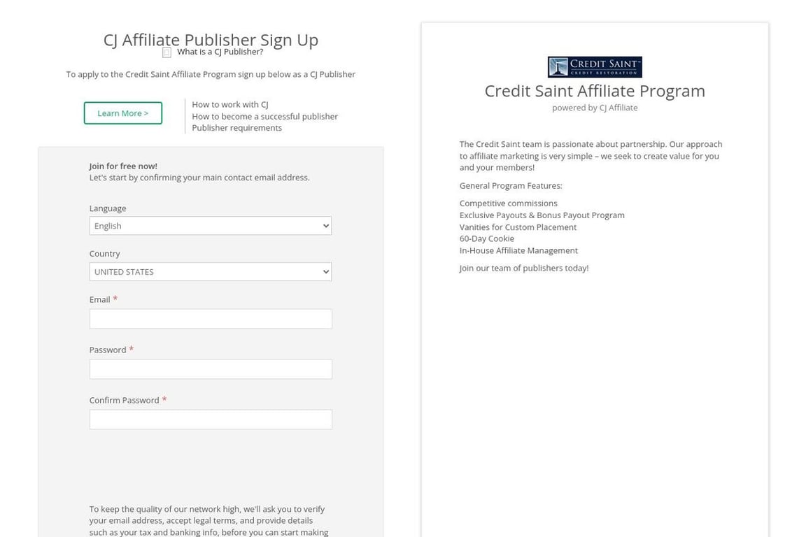 Credit Saint affiliate program signup page