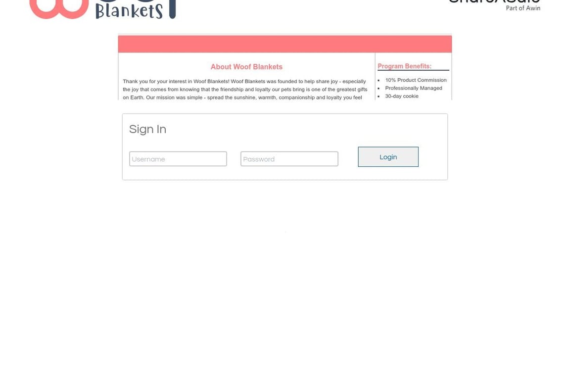 Woof Blankets affiliate program signup page