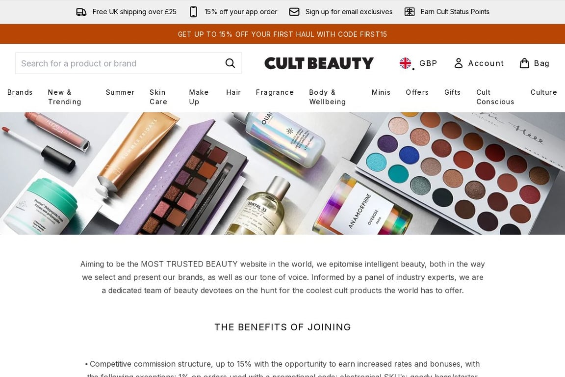 Cult Beauty affiliate program signup page