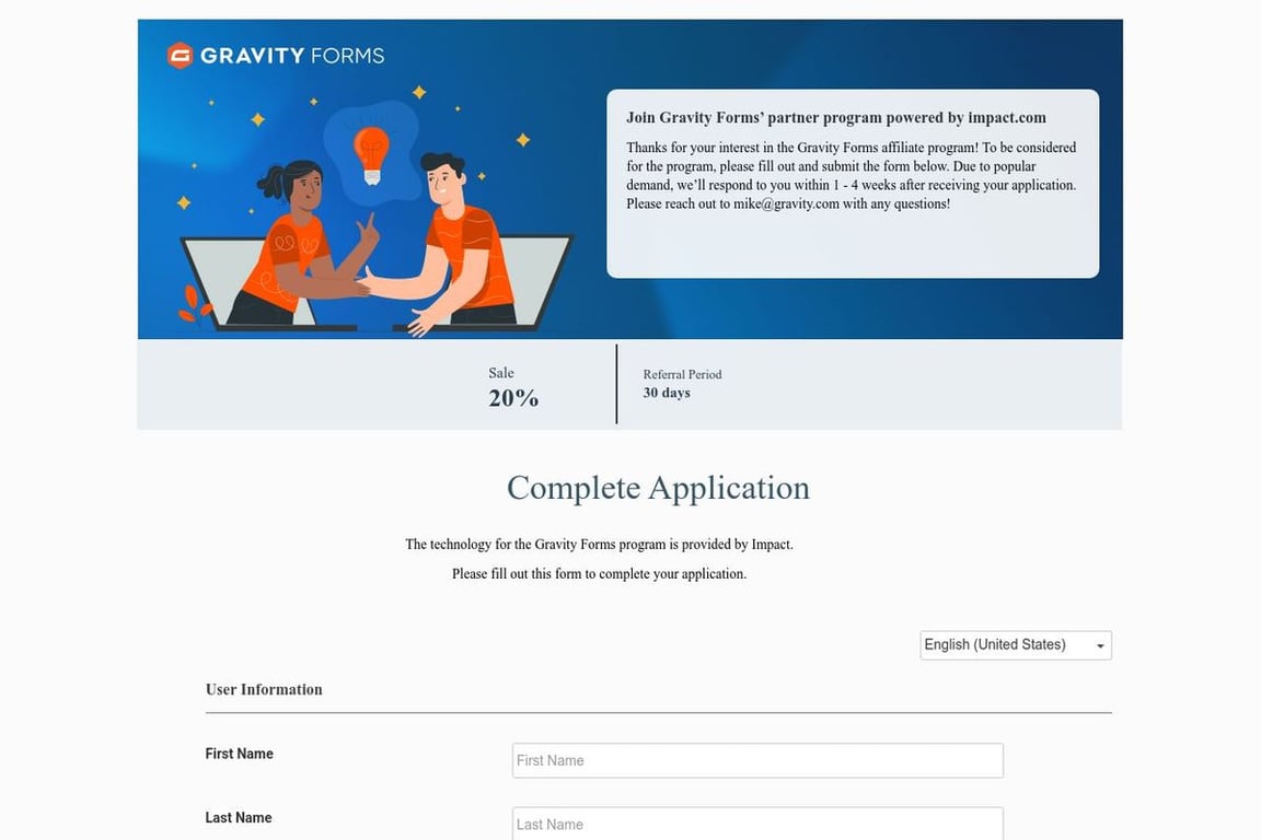 Gravity Forms affiliate program signup page