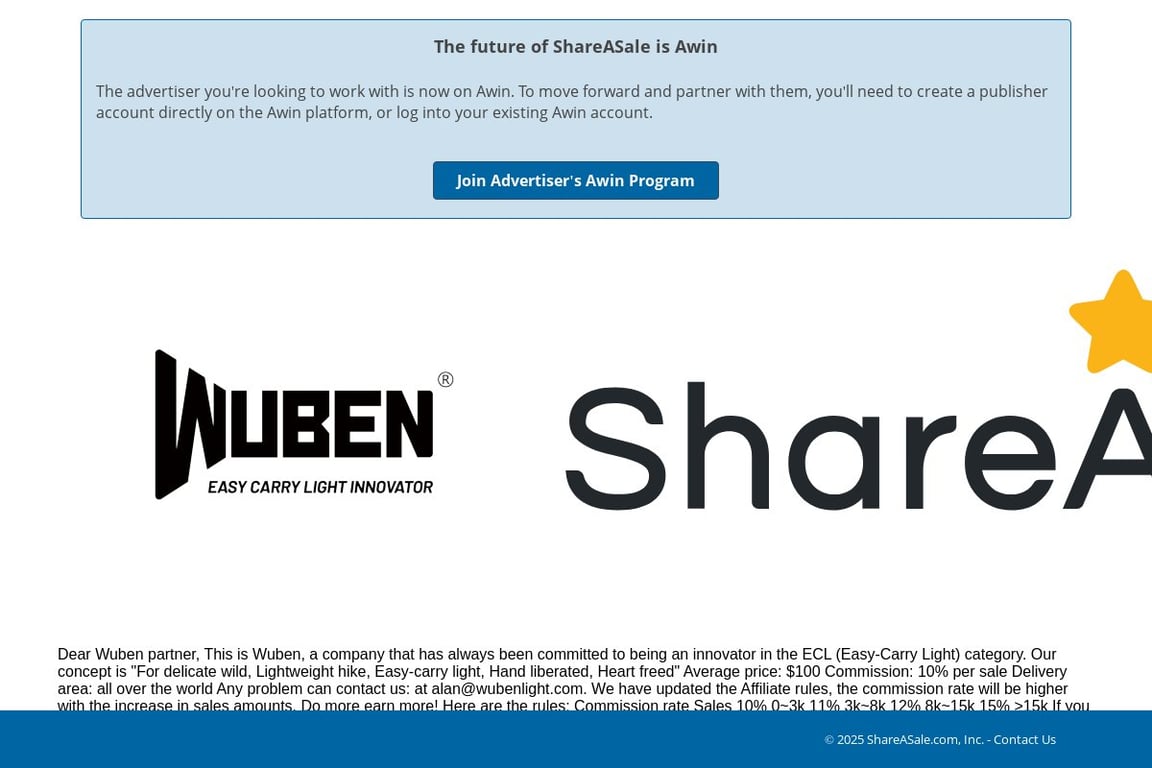 WUBEN LIGHT affiliate program signup page