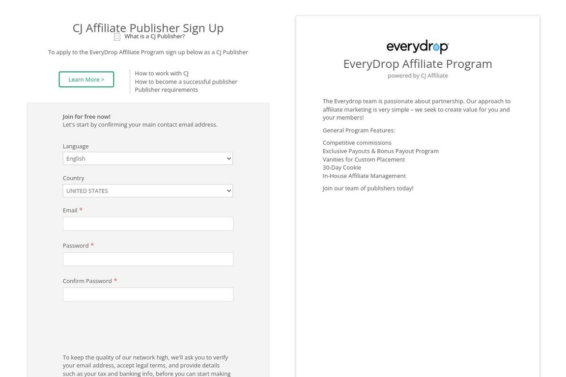 EveryDrop affiliate program signup page