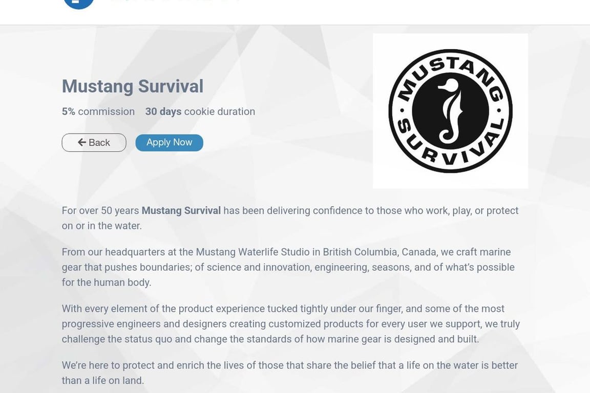 Mustang Survival affiliate program signup page