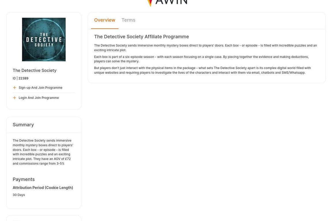 The Detective Society affiliate program signup page