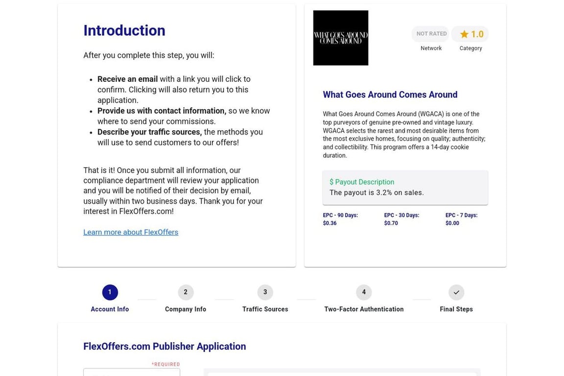 What Goes Around Comes Around affiliate program signup page
