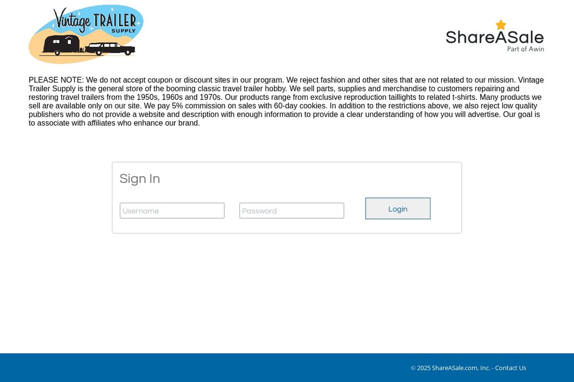 Vintage Trailer Supply affiliate program signup page