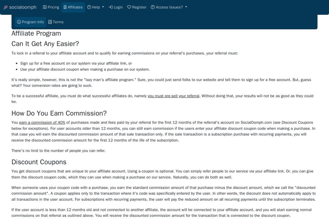 SocialOomph affiliate program signup page