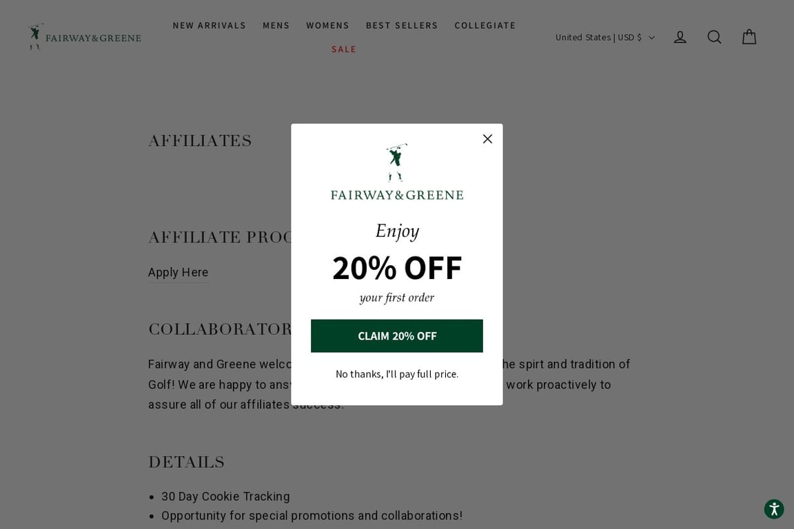 Fairway & Greene affiliate program signup page