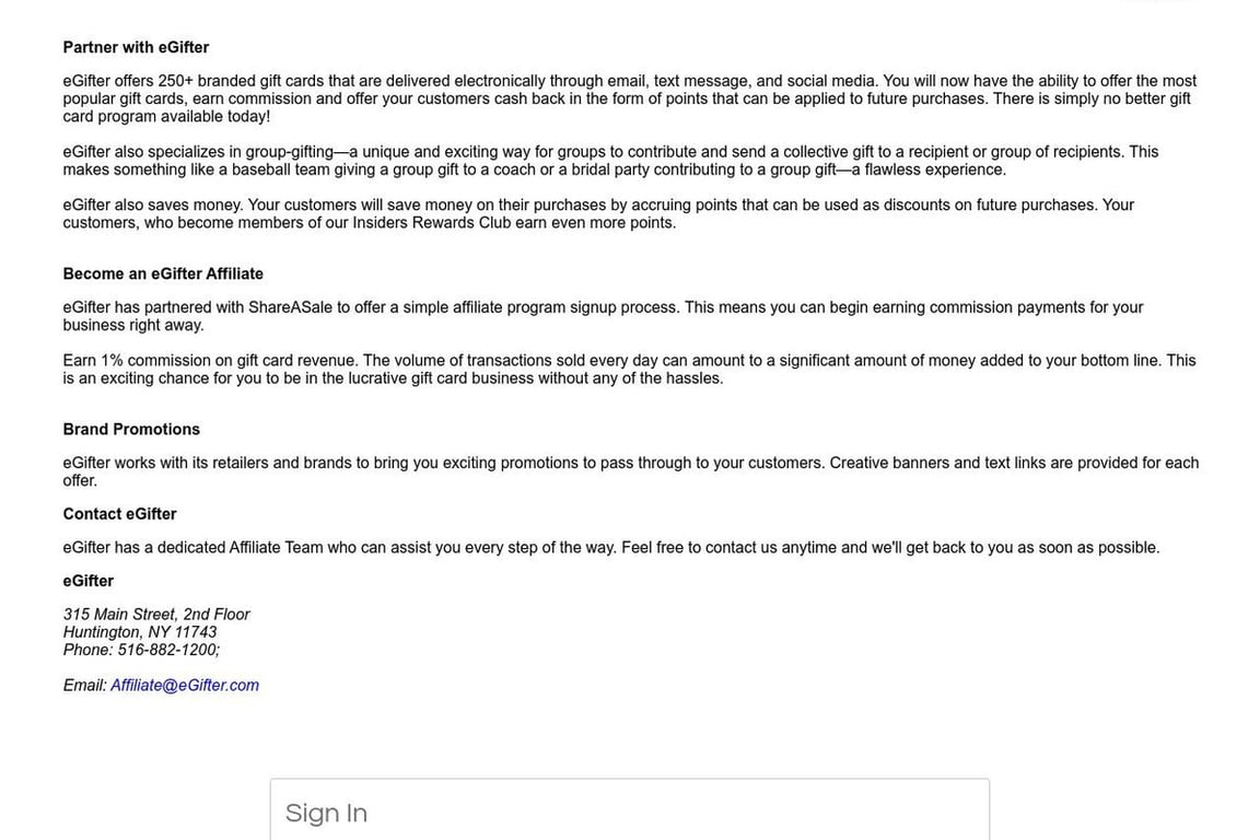 EGifter affiliate program signup page