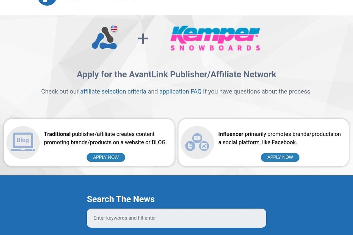 Kemper Snowboards affiliate program signup page