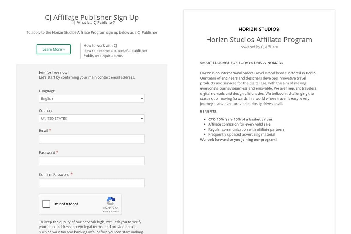 Horizn Studios affiliate program signup page