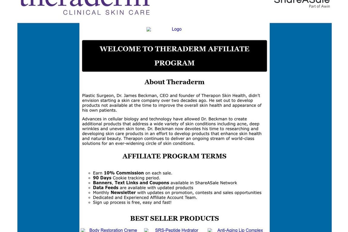 Theraderm Skin Health affiliate program signup page