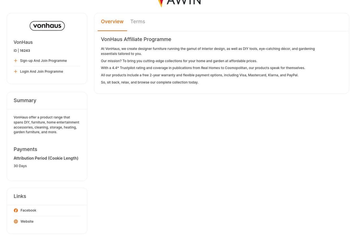 VonHaus affiliate program signup page