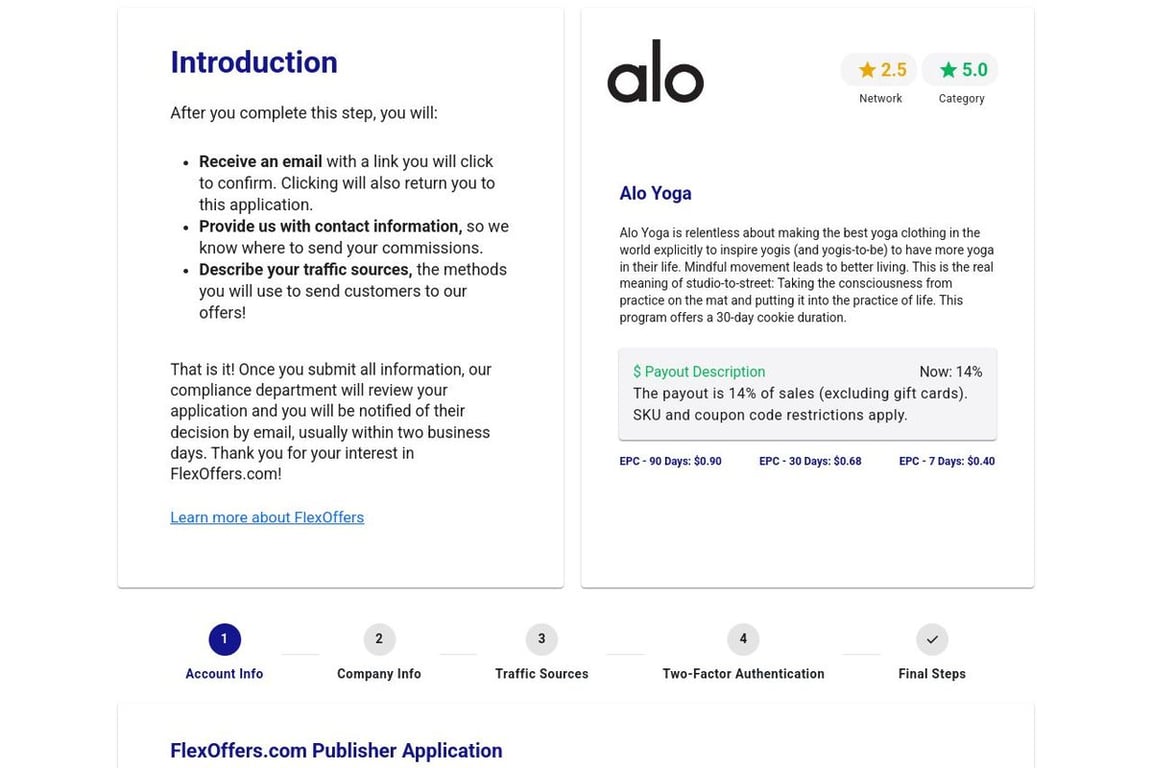 Alo Yoga affiliate program signup page
