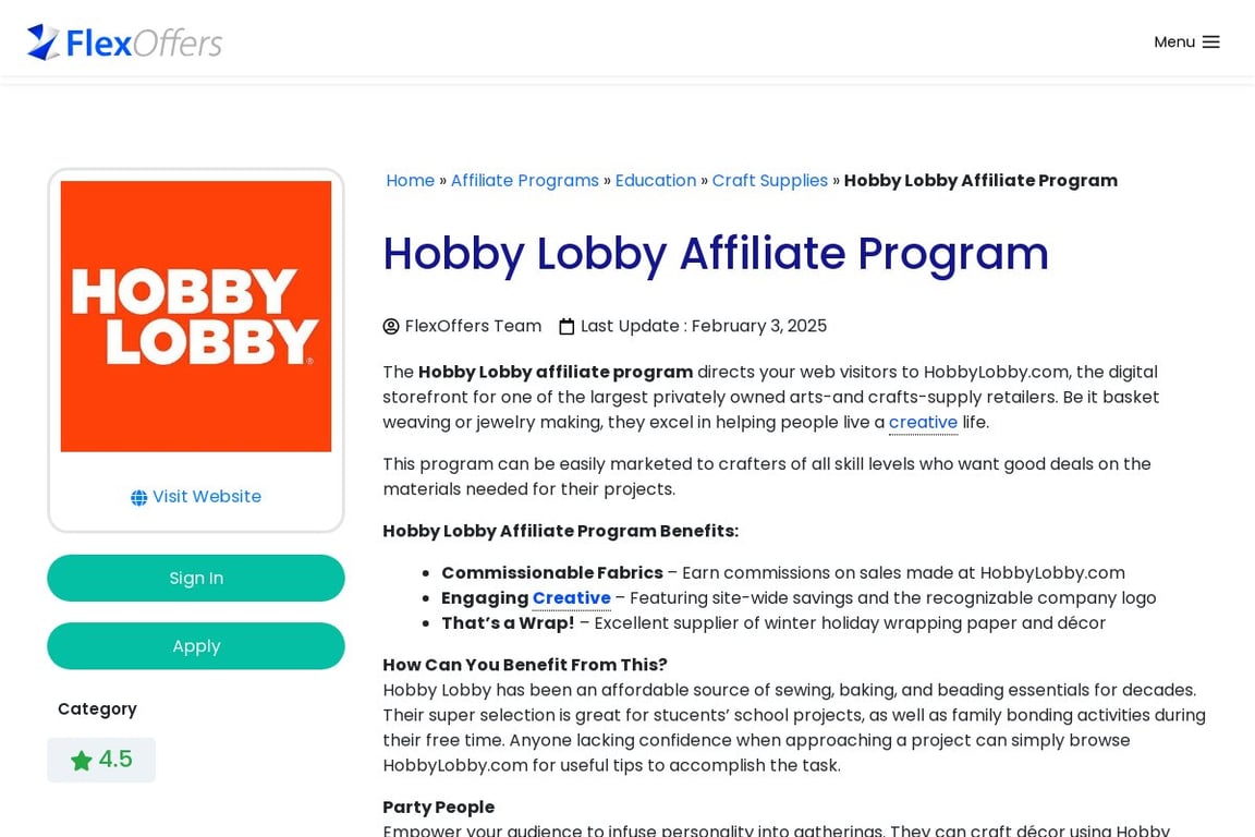 Hobby Lobby affiliate program signup page