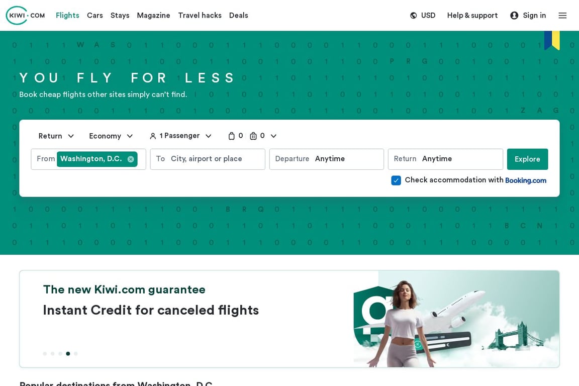 Kiwi.com UK homepage