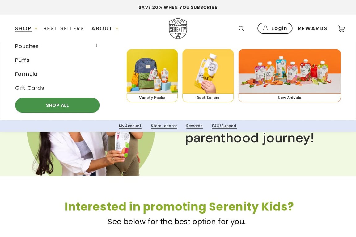 Serenity Kids Baby Food affiliate program signup page
