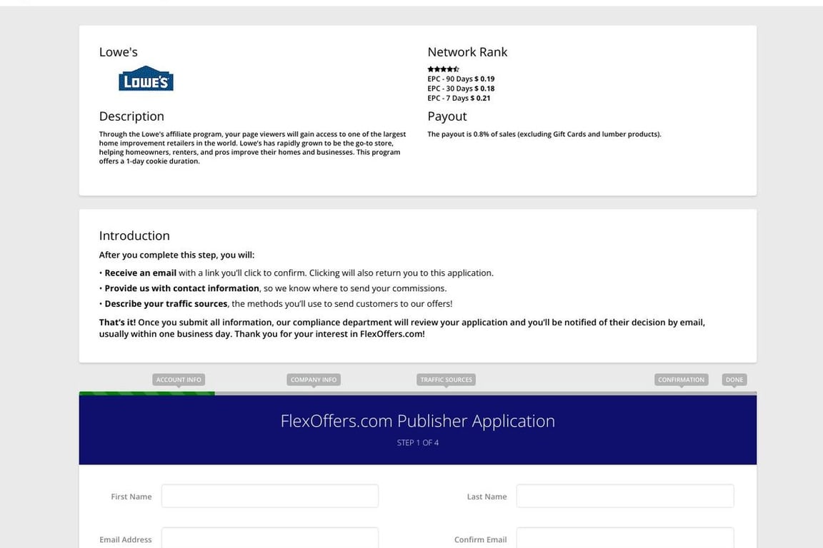 Lowe’s affiliate program signup page