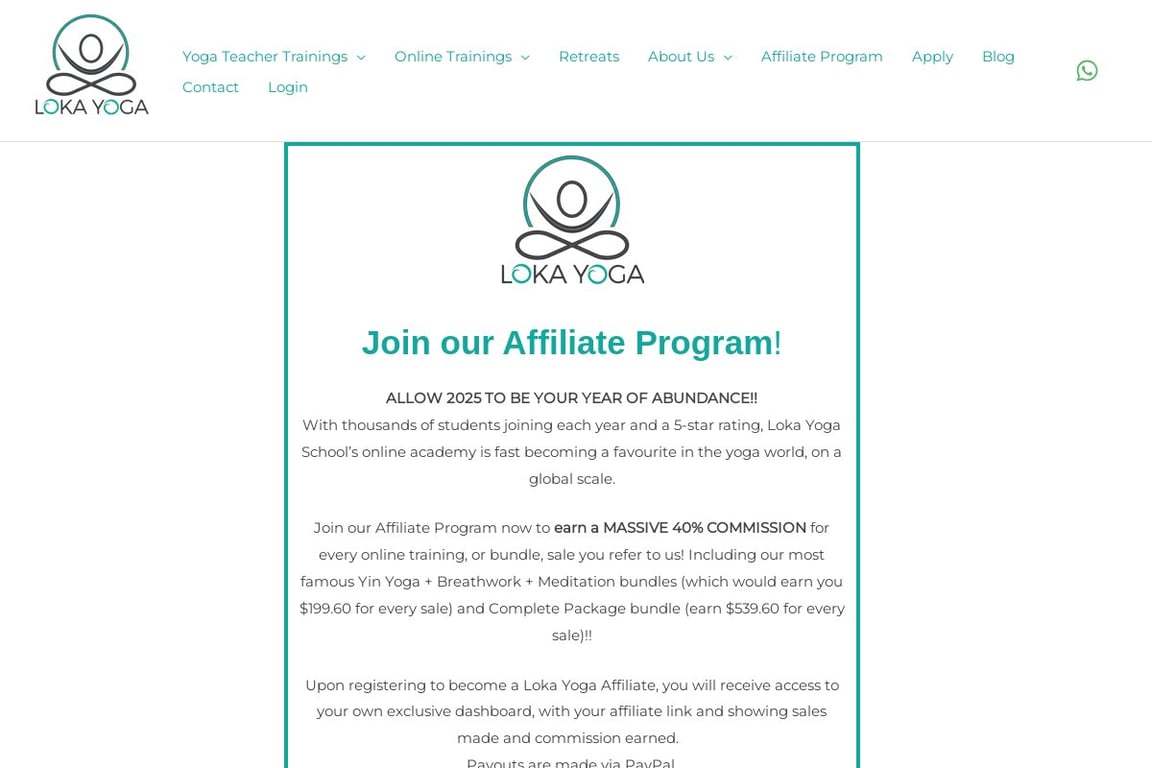 Loka Yoga School affiliate program signup page