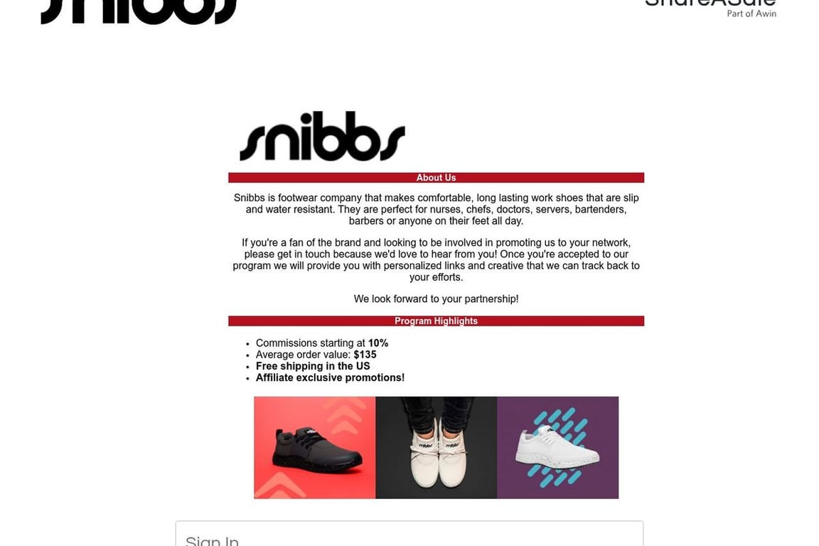 Snibbs affiliate program signup page