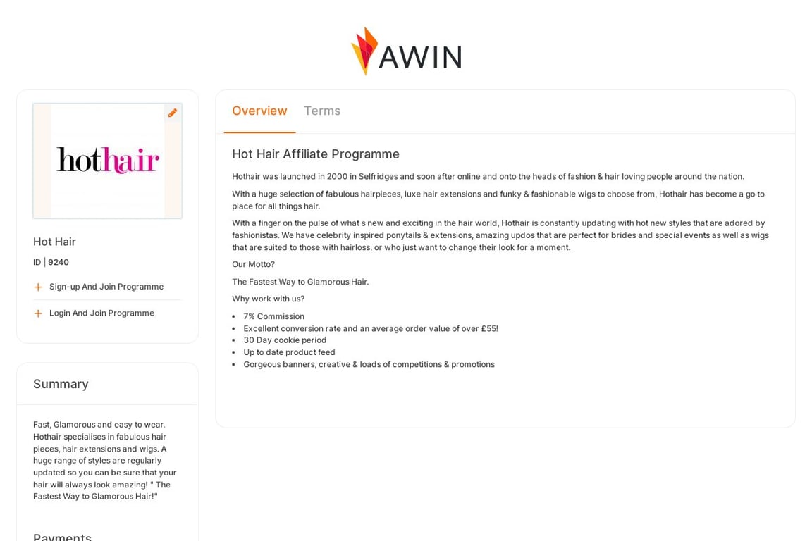 Hot Hair affiliate program signup page