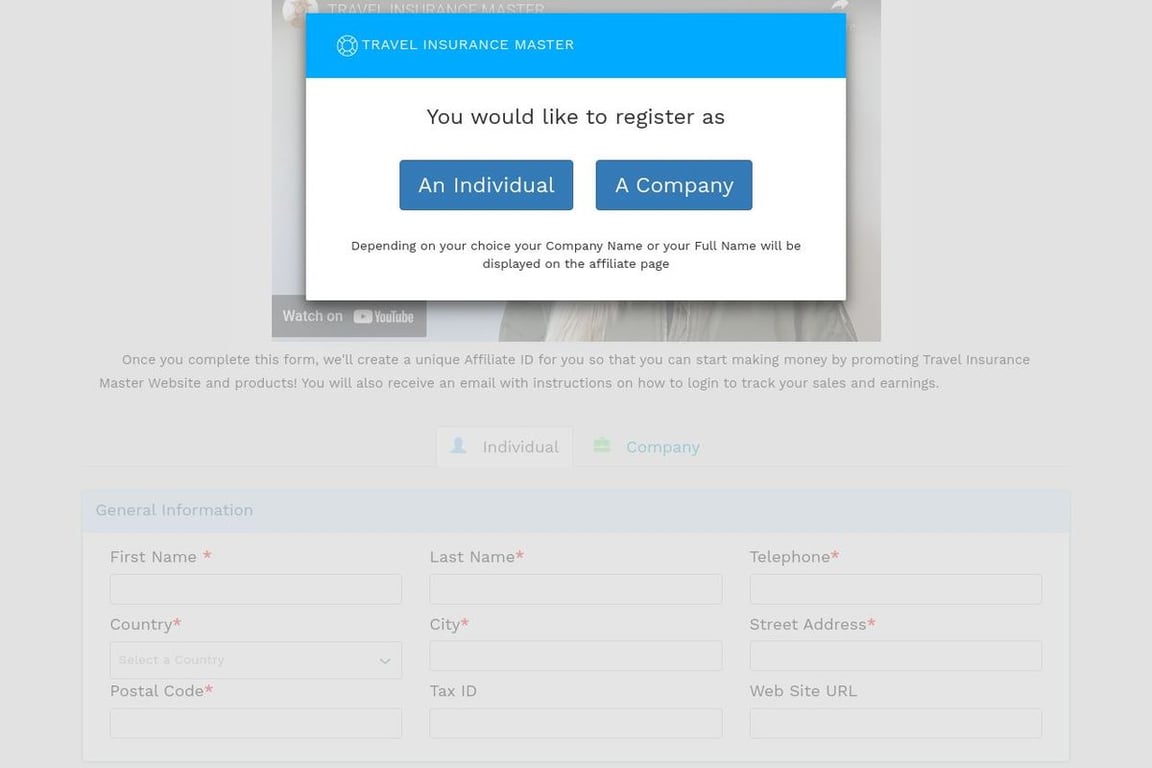 Travel Insurance Master affiliate program signup page