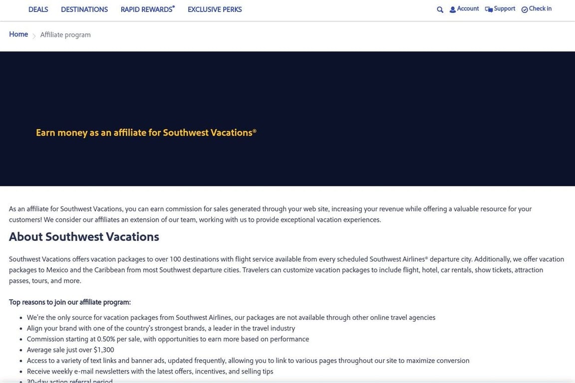 Southwest Vacations affiliate program signup page