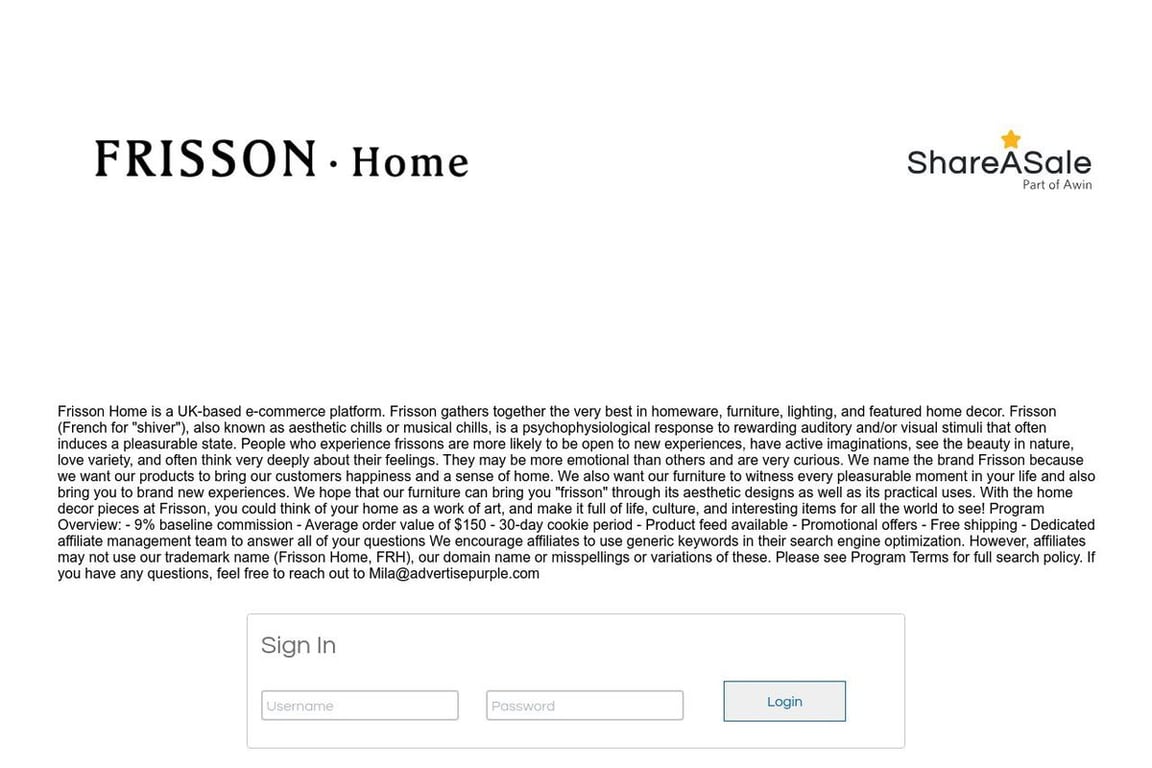 Frisson affiliate program signup page