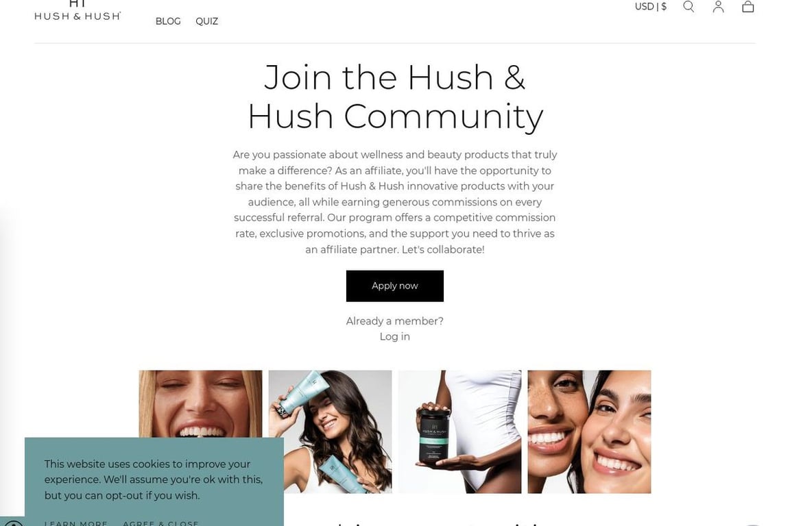 Hush & Hush affiliate program signup page