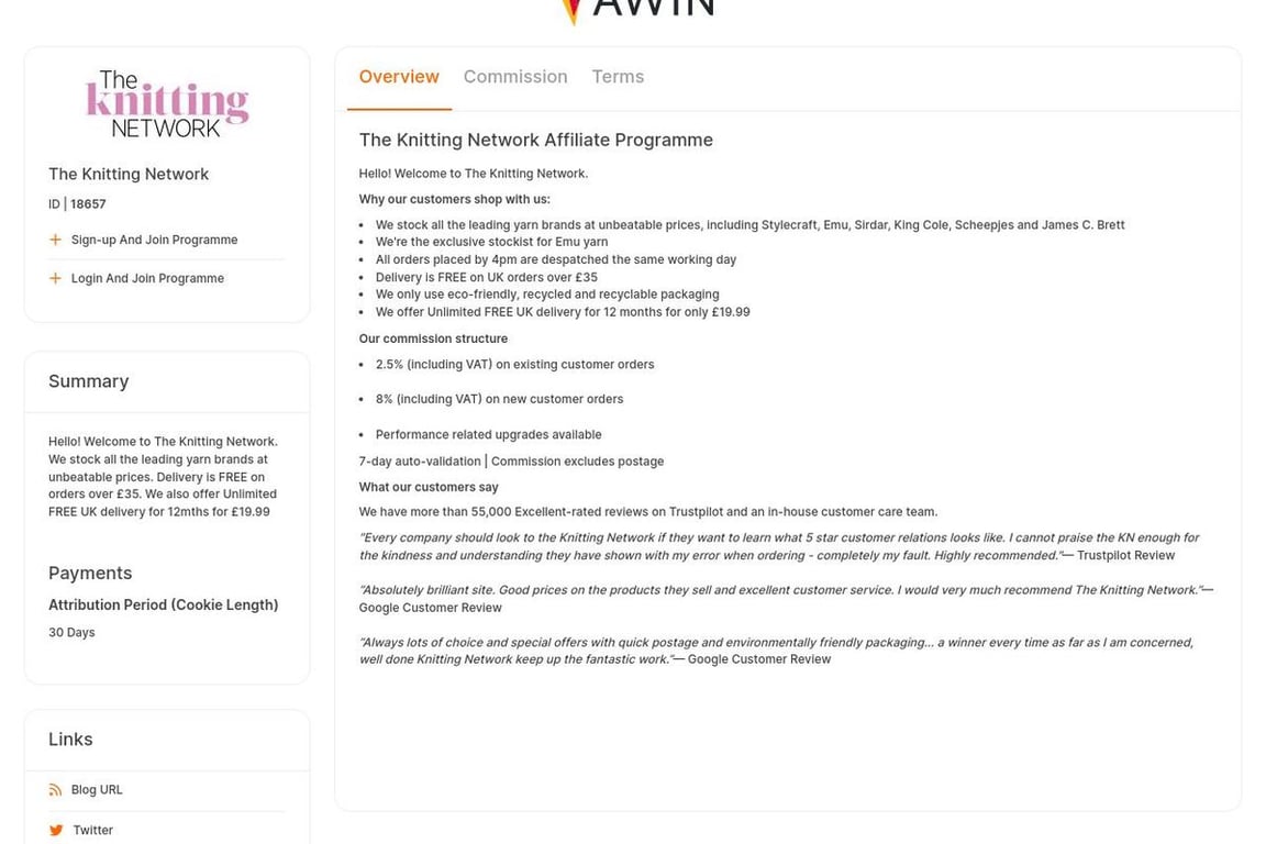 The Knitting Network affiliate program signup page