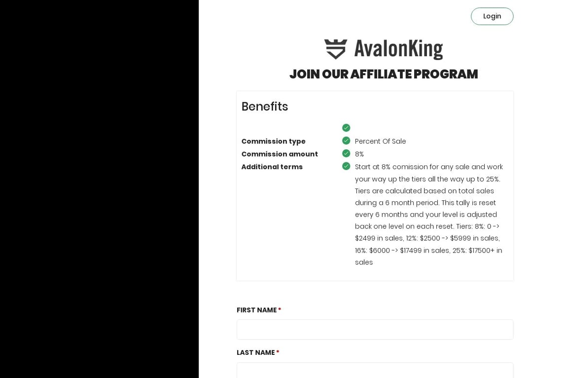 AvalonKing affiliate program signup page