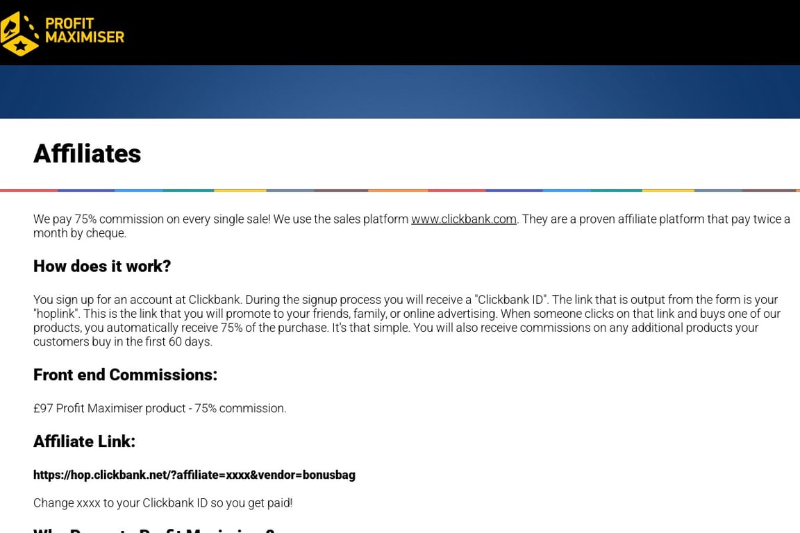 Profit Maximiser affiliate program signup page