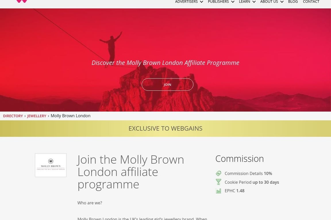 Molly Brown London affiliate program signup page